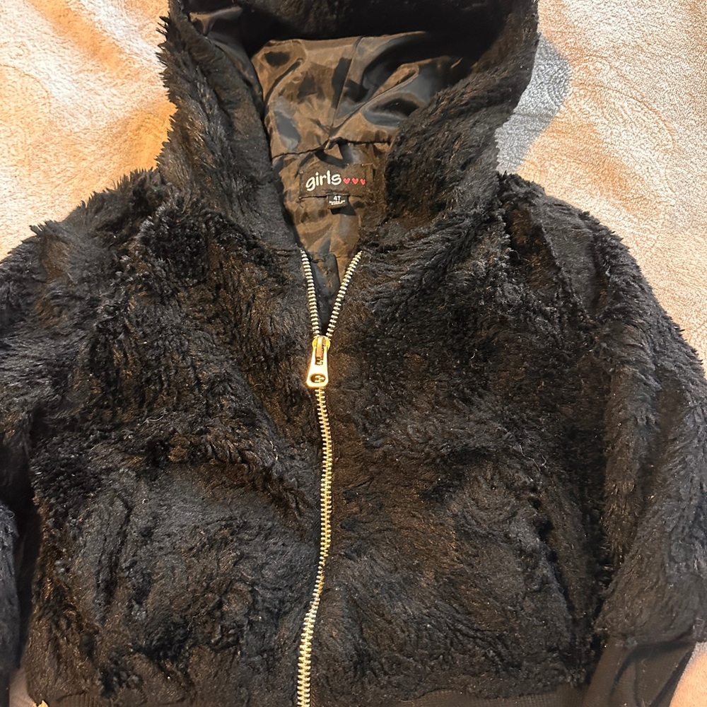 Black Faux Fur Jacket with Gold Zipper